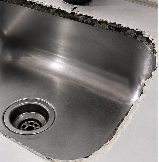Borda desgastada e marcada ao redor de uma pia antes do BordaProtect